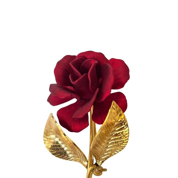 VTG Marked Cerrito Gold & Red Enamel Rose Brooch Pin Floral Design Elegant Jewel - Picture 1 of 11